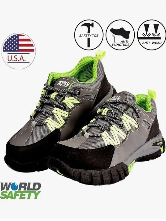 Boy Safety Sneakers Size 5.5’Black Gray Neon Green Lace Up Rugged Athletic Shoes - Picture 11 of 11